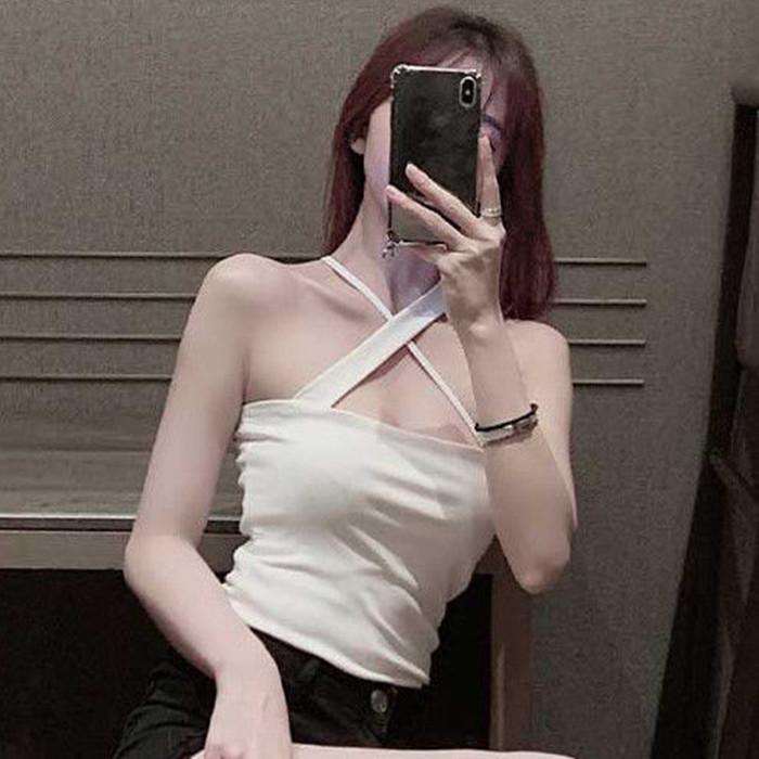 Sling Vest Women's Short Bottom Design Sense Niche Wear Tight Sexy Scheming Back Cross Neck Top