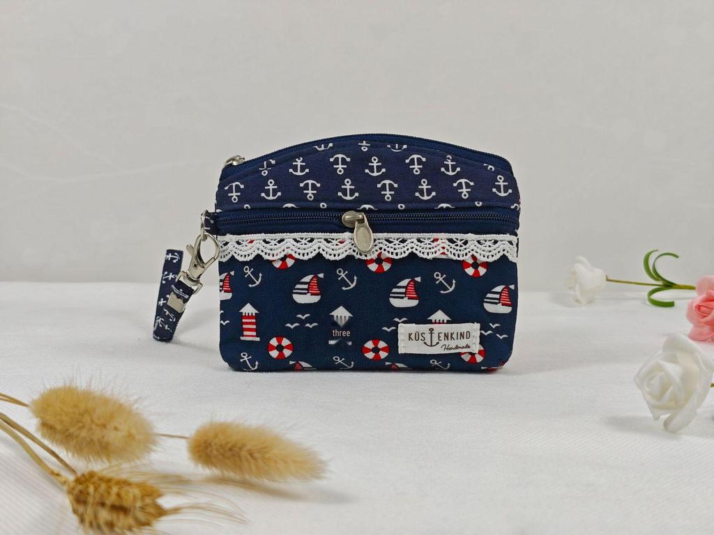 Pastorale Spitze Baumwolle Damen Doppel-Reißverschluss Münzbörse & Schlüsselanhänger