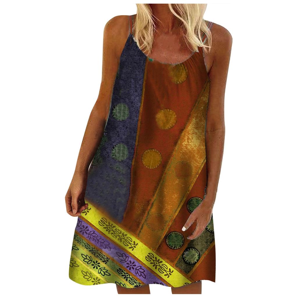 Robe d'été sans manches, col rond, imprimé Vintage, genou ample