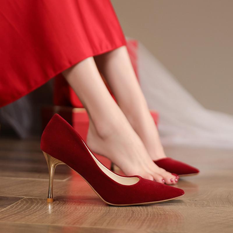 Fashion Fashion Red Wedding Shoes for Women 2024 Spring/Summer/Autumn New Pointed Toe Women Shoes Fine High Heels Bride Shoes Size 34-42