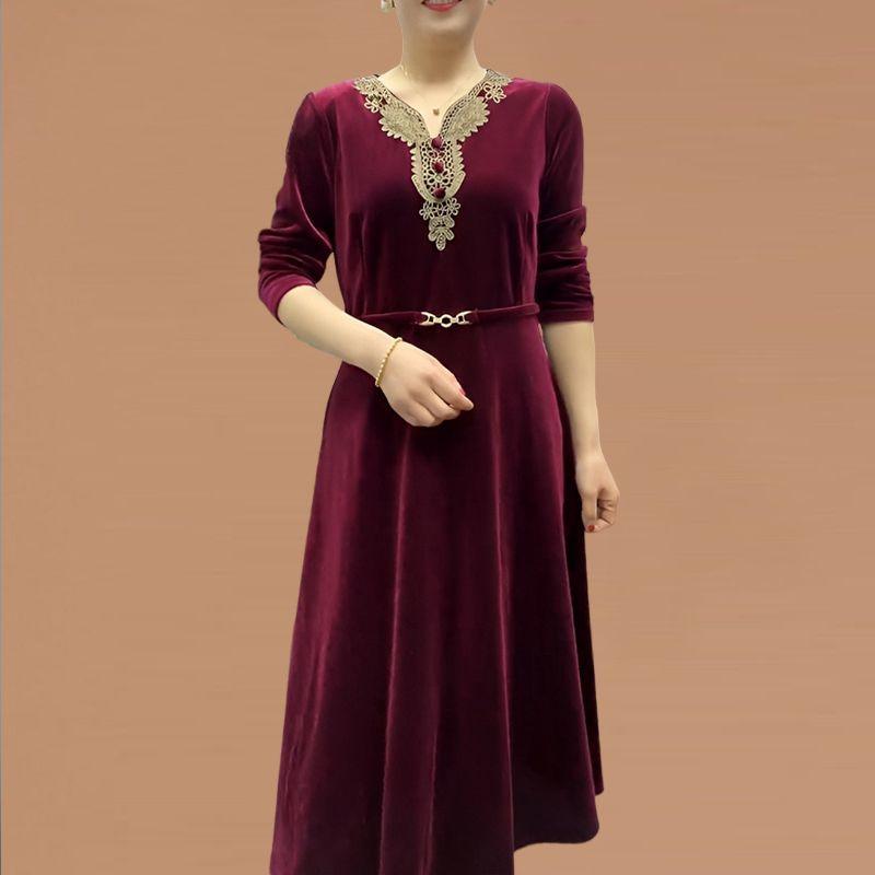 Jesień Zima Odzież Damska Złoty Aksamit Luksusowy Elegancki Sukienka Vintage Moda Casual Nowy Luźny Długi Rękaw Midi Szykowna Sukienki
