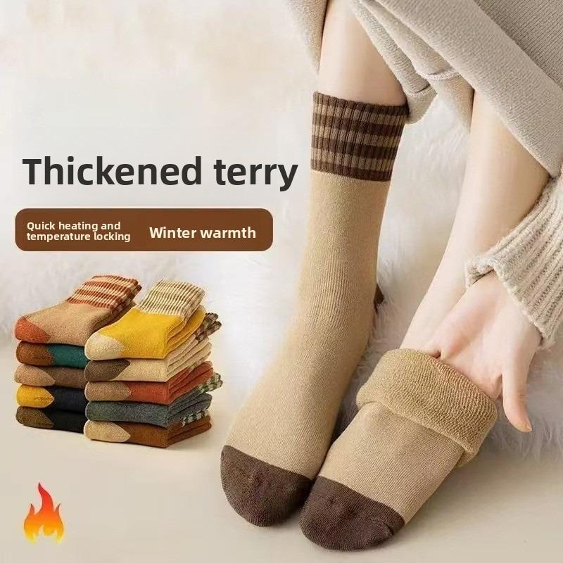 5 Pairs of Winter Warm Knit Socks for Women Men Winter Thickened Warm Socks Versatile Vintage Three-Bar Terry Socks
