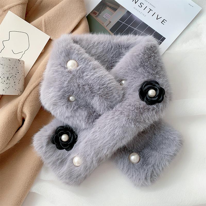 Soft Furry Plaid Scarf Korean Style Label Japanese Autumn and Winter Ins Plush Girl Scarf Imitation Rex Rabbit Fur Thickened