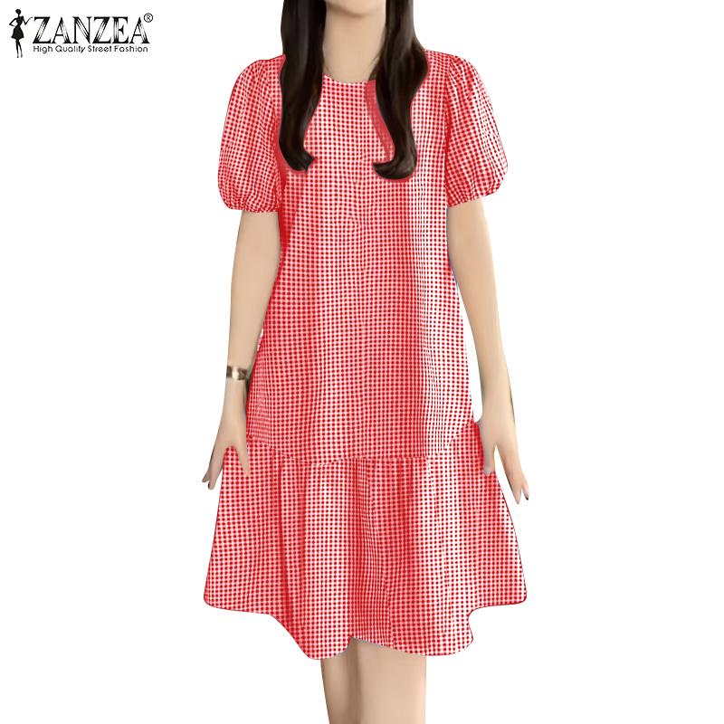 ZANZEA Women Casual Round Neck Grid Print Short Sleeve Dress