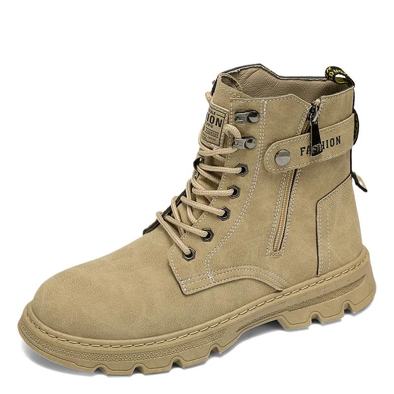 Men's Short Boots for Autumn\winter High Top Lace Up Workwear Shoes Outdoor Casual Mens Boots Side Zipper Mid Top Leather Shoes