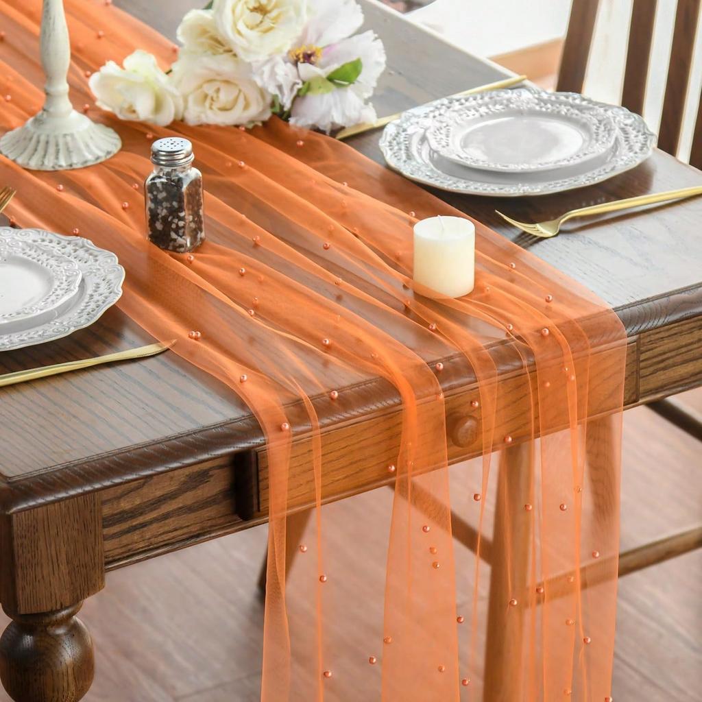 Luxurious Pearl Tulle Table Runner, 120 Inches Seasonal Tulle Table Decoration Suitable For Holidays Weddings  Birthdays  Family Gatherings.