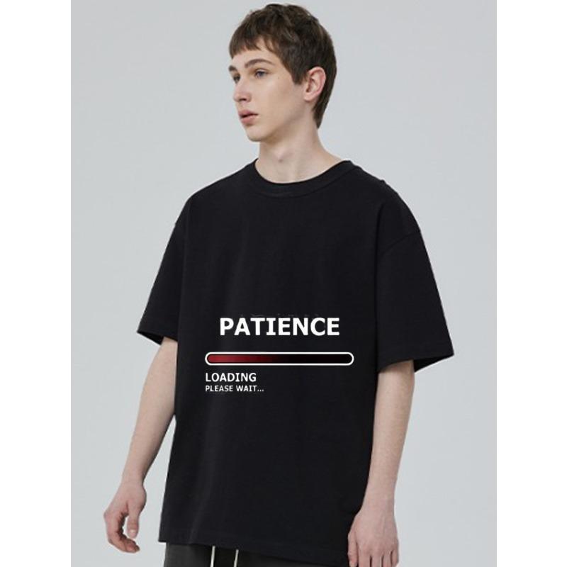 Black T Shirt with Patience Loading Please Wait Text and Progress Bar Graphic for Casual Wear