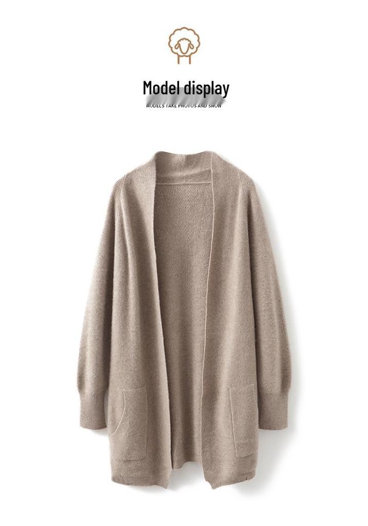 Women's Mid-Length Pure Wool Cardigan Coat - Autumn/Winter Casual Loose Fit with Lapel and Pockets