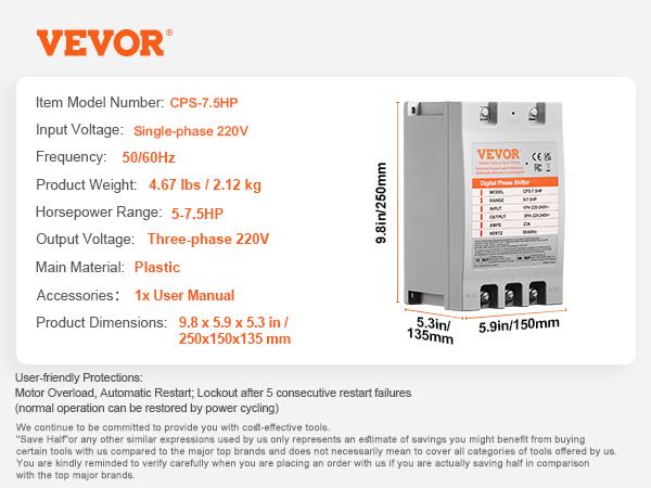 SucceBuy Digital Converter 5/7.5/10HP Single Phase to 3 Phase Converter Digital Phase Shifter for Residential Light Commercial