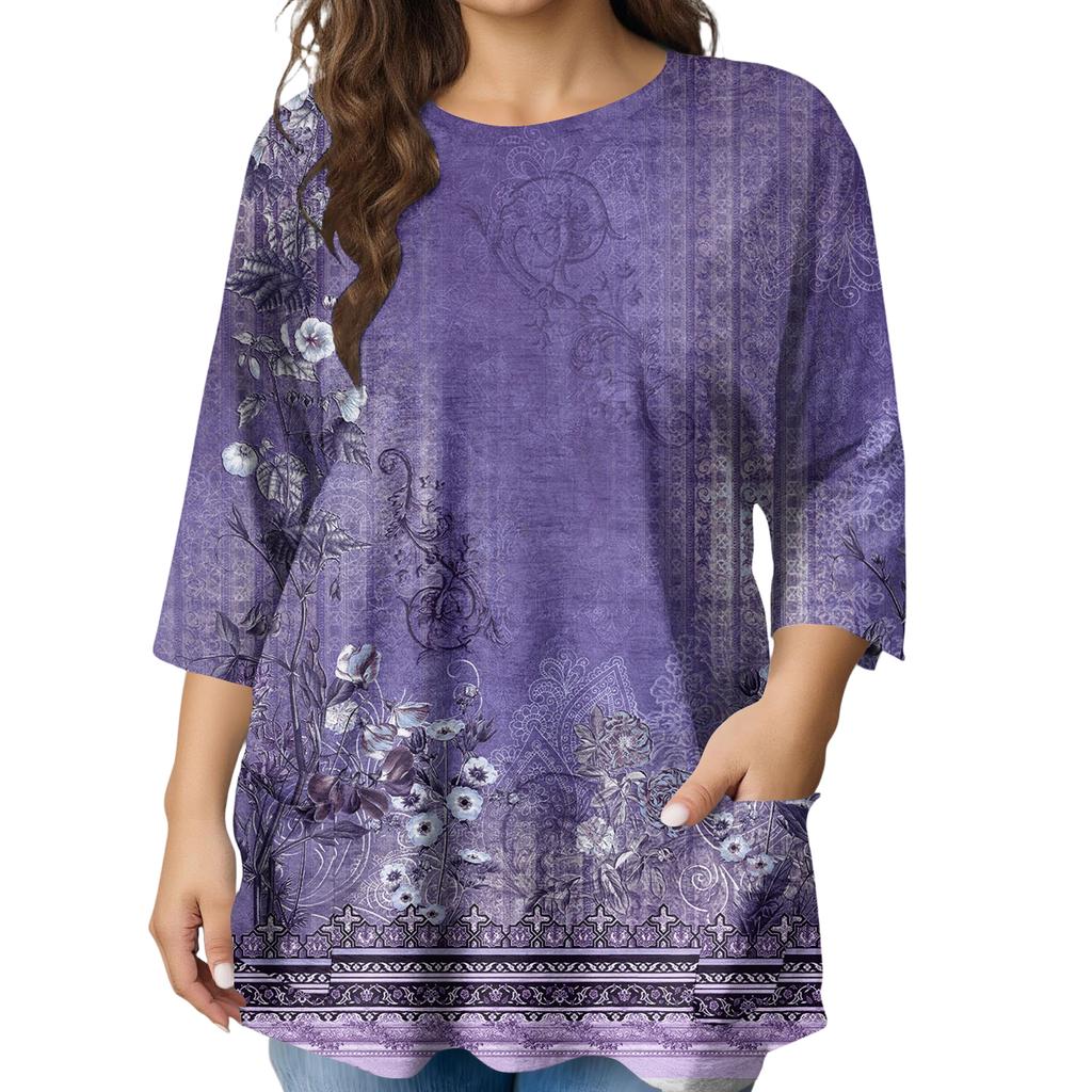 Modeblus för damer, större storlekar, med tryck, kortärmad, för elegant pendling och fritid