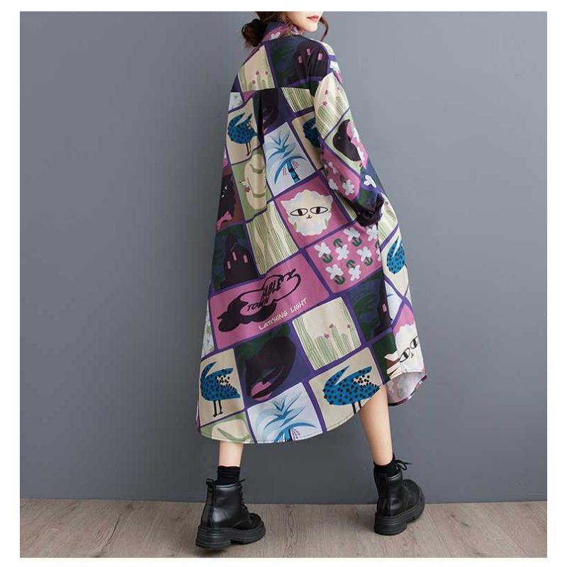 New Loose Large Size Oceanic Printing Mid-length Literary Retro Dresses