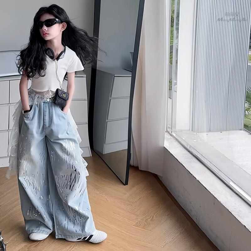 Girls' Summer Loose-Fit Vintage Washed Distressed Straight-Leg Slimming Wide-Leg Floor-Length Jeans