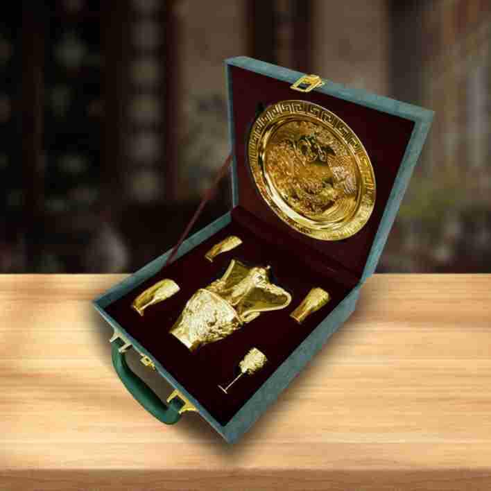 Dragon & Phoenix Wine Set: Silver Pot, Silver-Plated & Gold-Plated Cups, Five-Piece Set in Leather Box.