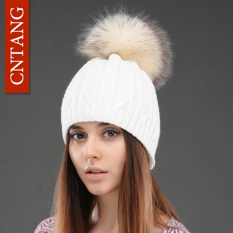 Women Double Deck Knitted Wool Hat Winter Natural Raccoon Fur Warm Caps Female Pom Pom Hats Ladies Fashion Skullies Beanies Cap