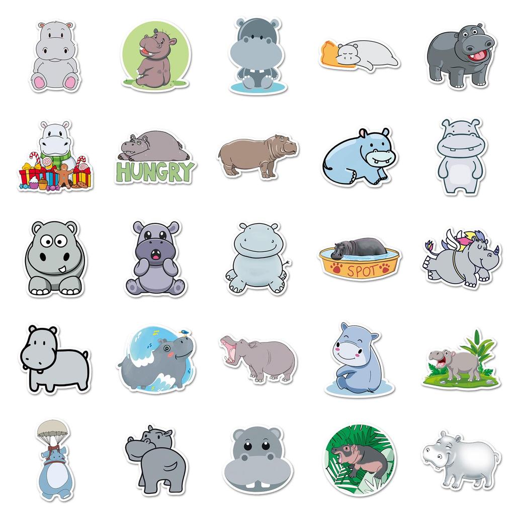 50 Cute Waterproof Hippo Cartoon Animal Stickers for Stationery and Notebooks