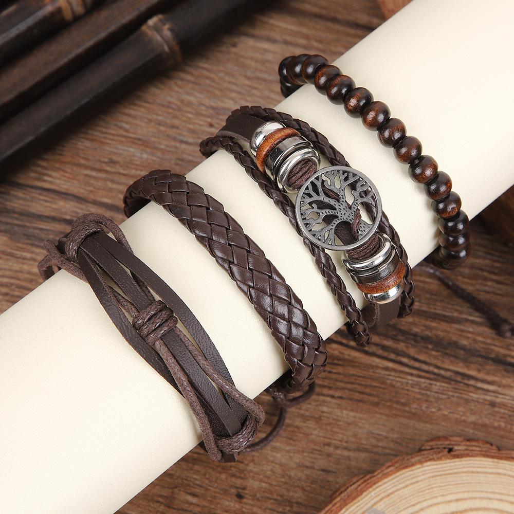 Men's Retro Tree of Life Cowhide Bracelet Set: Multi-layer Distressed Leather, Woven Wood Beads, European American Punk Style