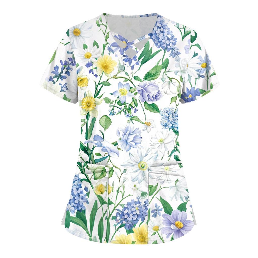 Women's Short Sleeve Stagger V Neck Print Pocket Dry-nurse Top