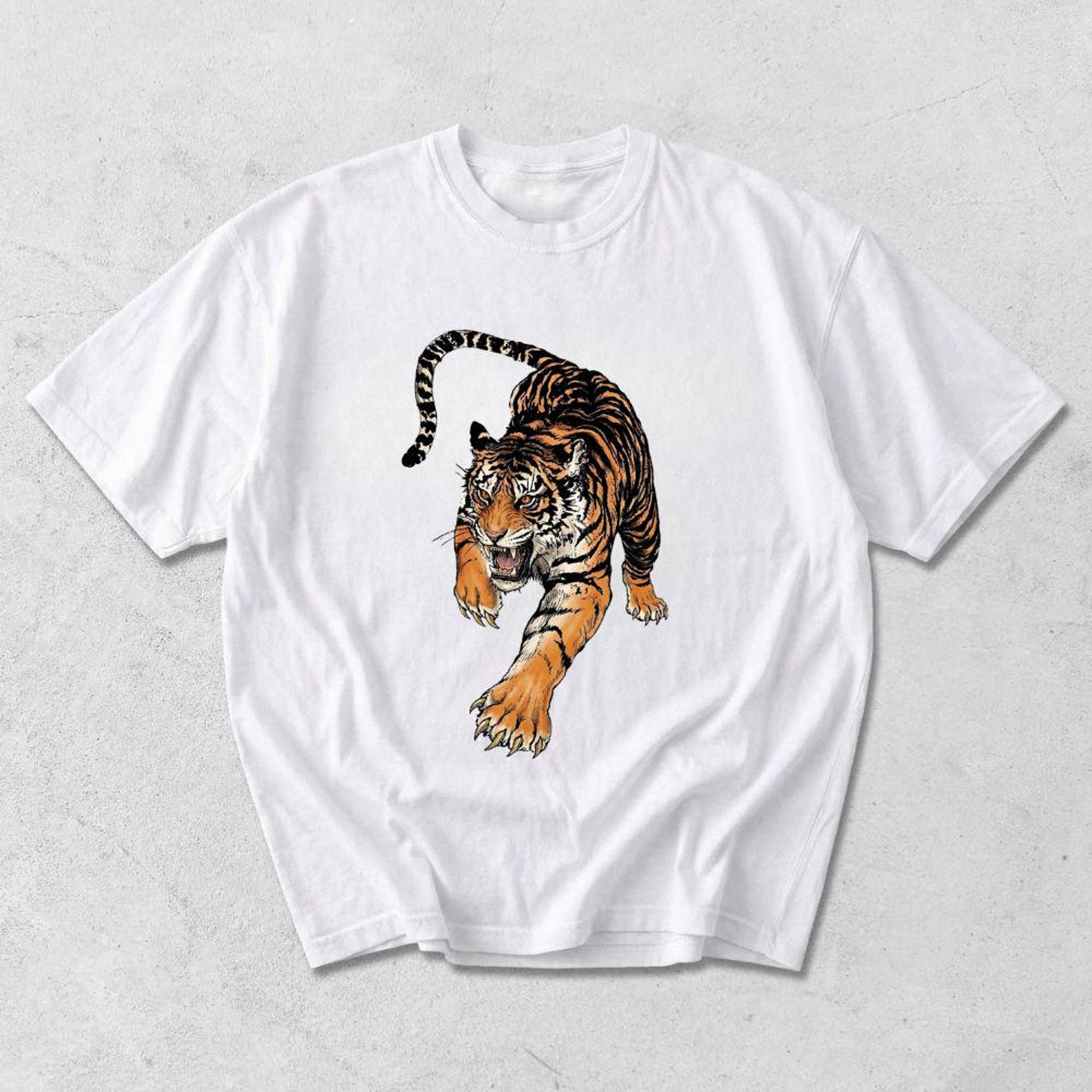 Fierce Tiger Graphic T-Shirt | Vintage Japanese Style Tiger Tee | Bold Edgy Streetwear Top | Roaring Tiger Illustration Art S