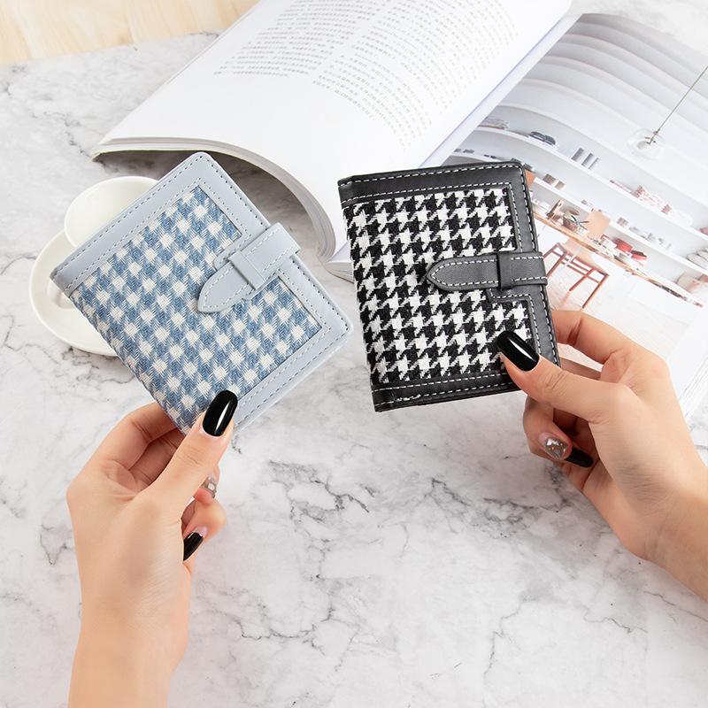 Mały portfel damski krótki prosty kratka tysiąca ptaków mały portfel styl hongkoński retro ultracienki studencki składany woreczek na monety damski