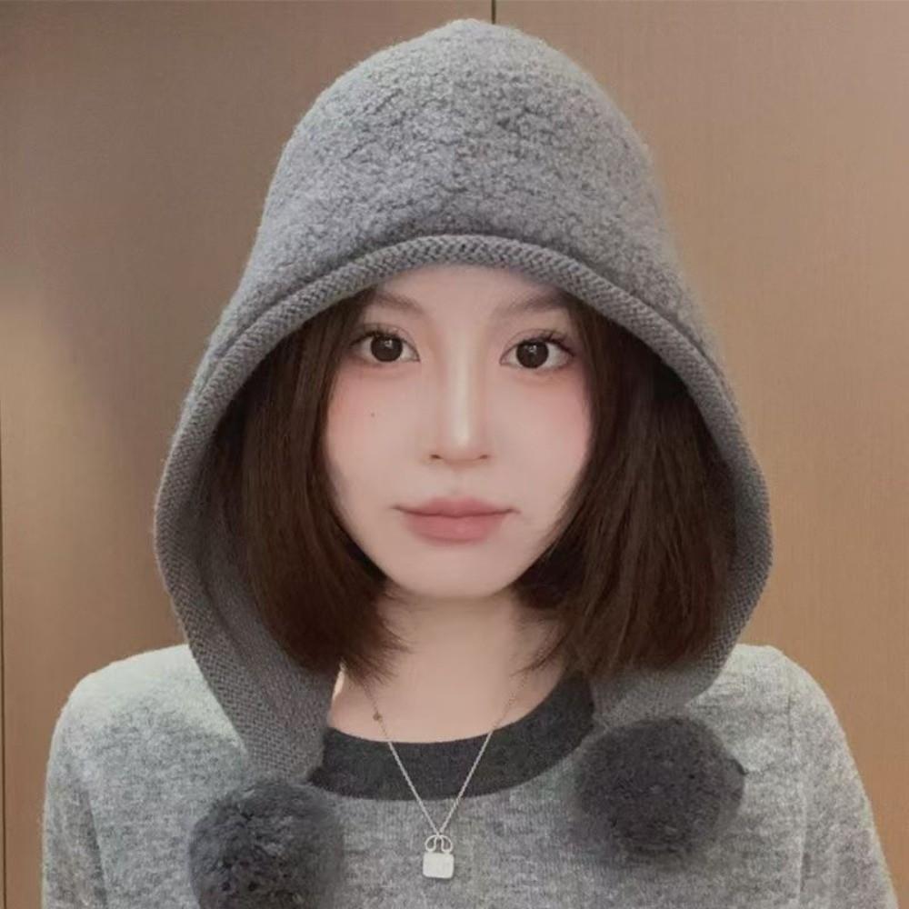 Keep Warm Pom Pom Hat Plush Neck-protection Integrated Cap Warm Ear Protection Cap Daily Outfits