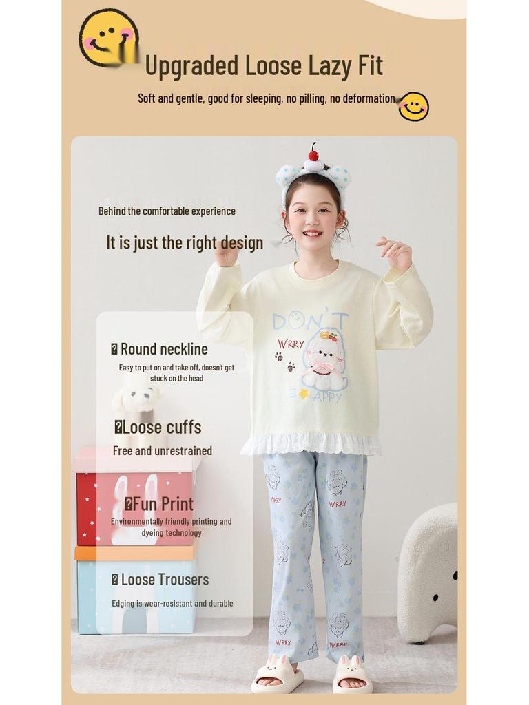 Korean Girls' Lace Long-Sleeve Cotton Pajama Set - Medium & Large Sizes for Spring/Autumn