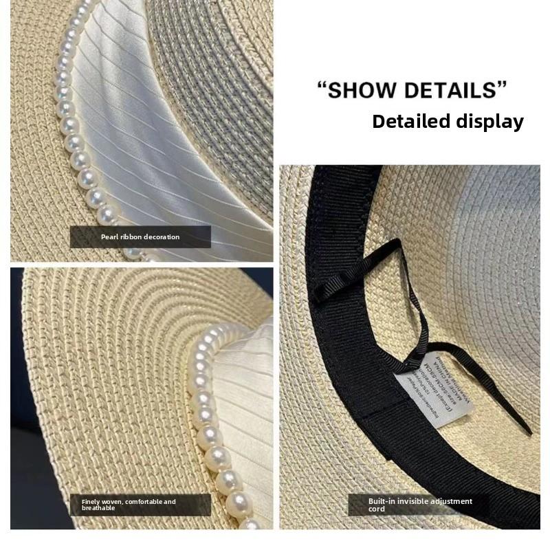 Meimeier Women's new summer retro french pearl straw hat - perfect for beach trips, flat top socialite style