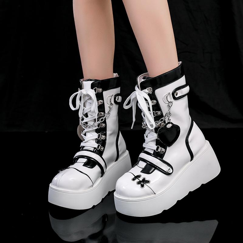 Fashion Metal Style Rock Women's Shoes Autumn New Thick-soled Boots Short Boots Heart-shaped Cross Metal Decoration Punk Style Gothic
