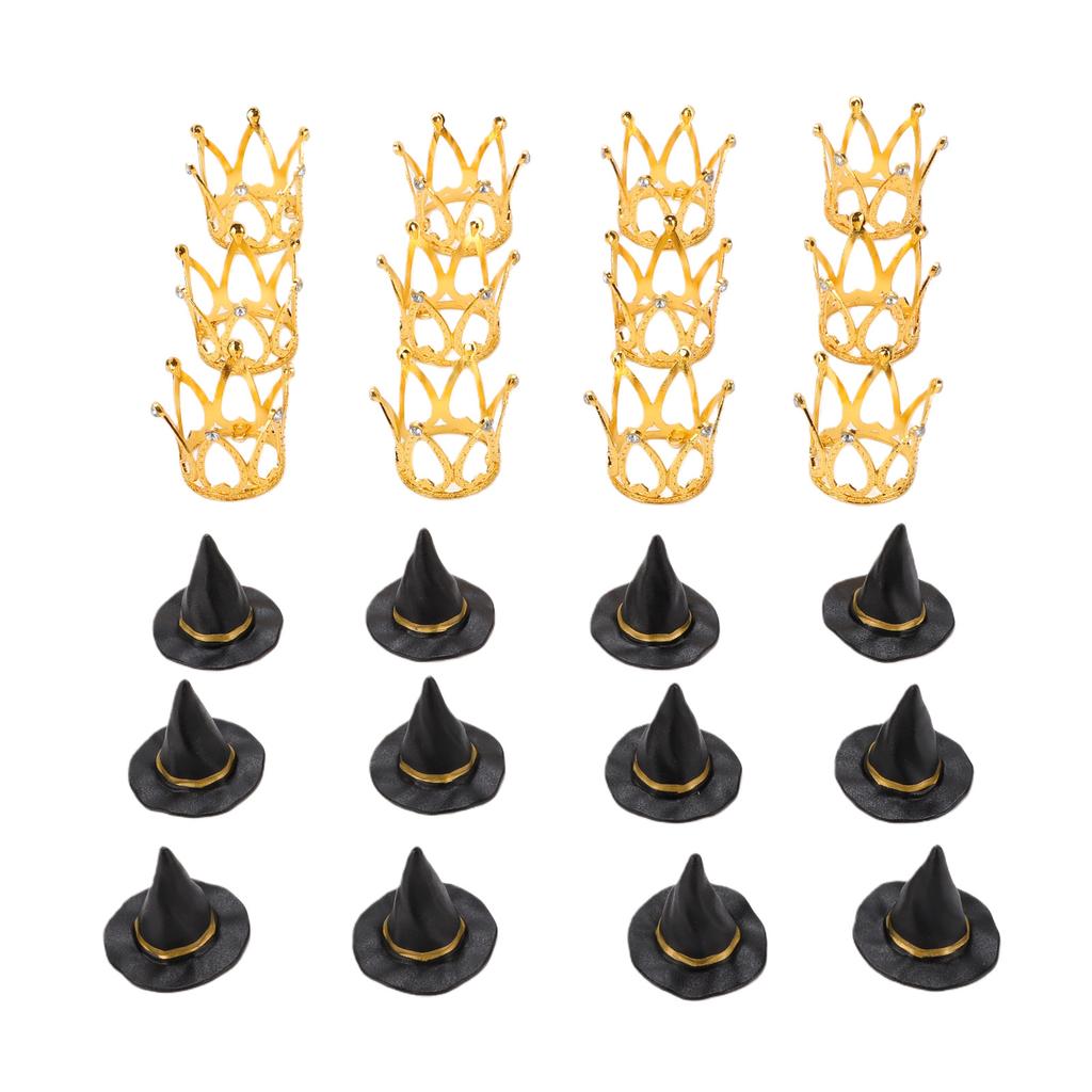 12 Set Witch Hat and Crown Cake Toppers Mini Wizard Hats Cupcake Decorations for Birthday Party Supplies Gold