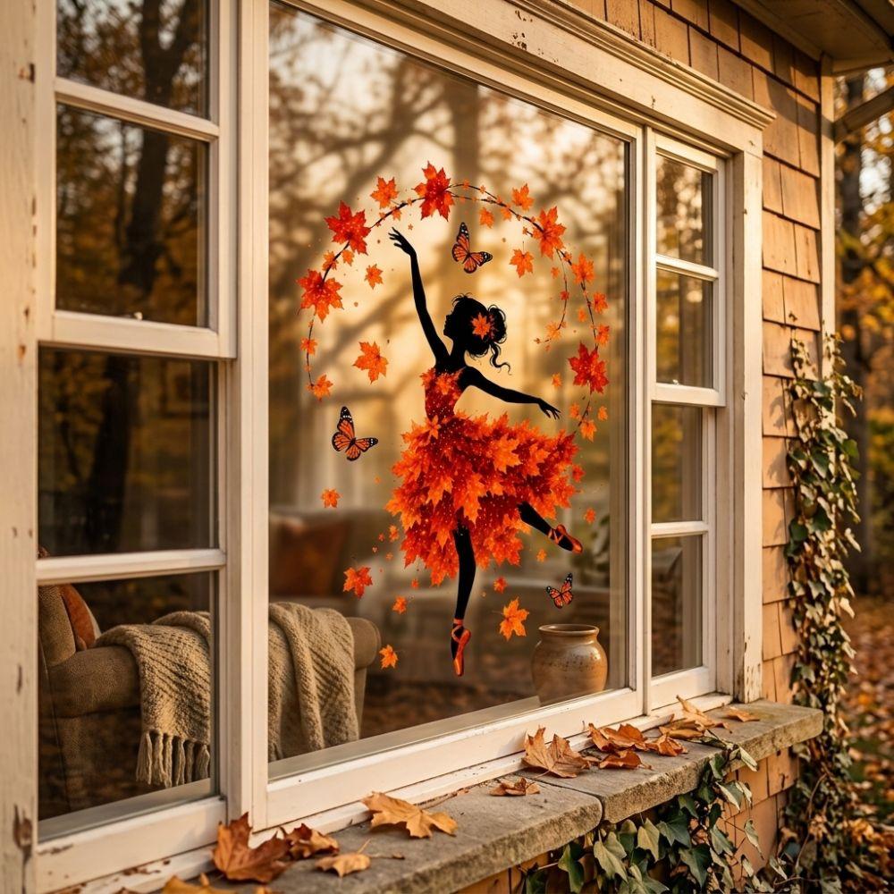 PVC Static Autumn Ballerina Window Cling Aesthetic Maple Leaf Butterfly Glass Decal Home Decor