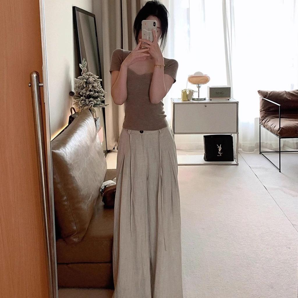 Pure desire square neck ice silk knitted short-sleeved t-shirt women's summer shoulder t-shirt slim and thin u-neck short top