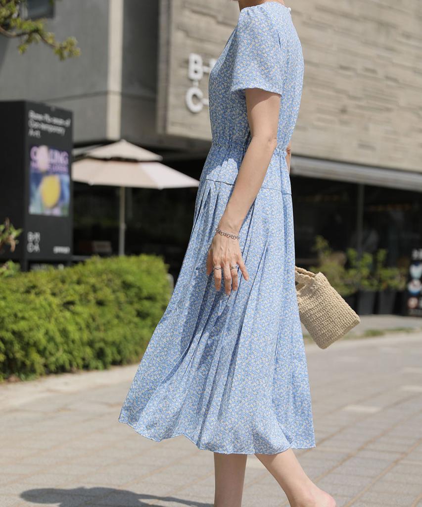 Ppaeppae Round Neck Floral Elastic Waist Pleated Short Sleeve Long Dress