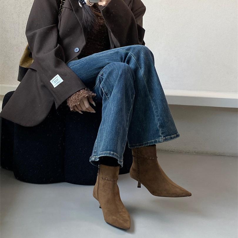 European Station Women's Shoes 25 Autumn and Winter Fashion Soft Korean Flannel Pointed Temperament Side Zipper Stiletto Short Boots