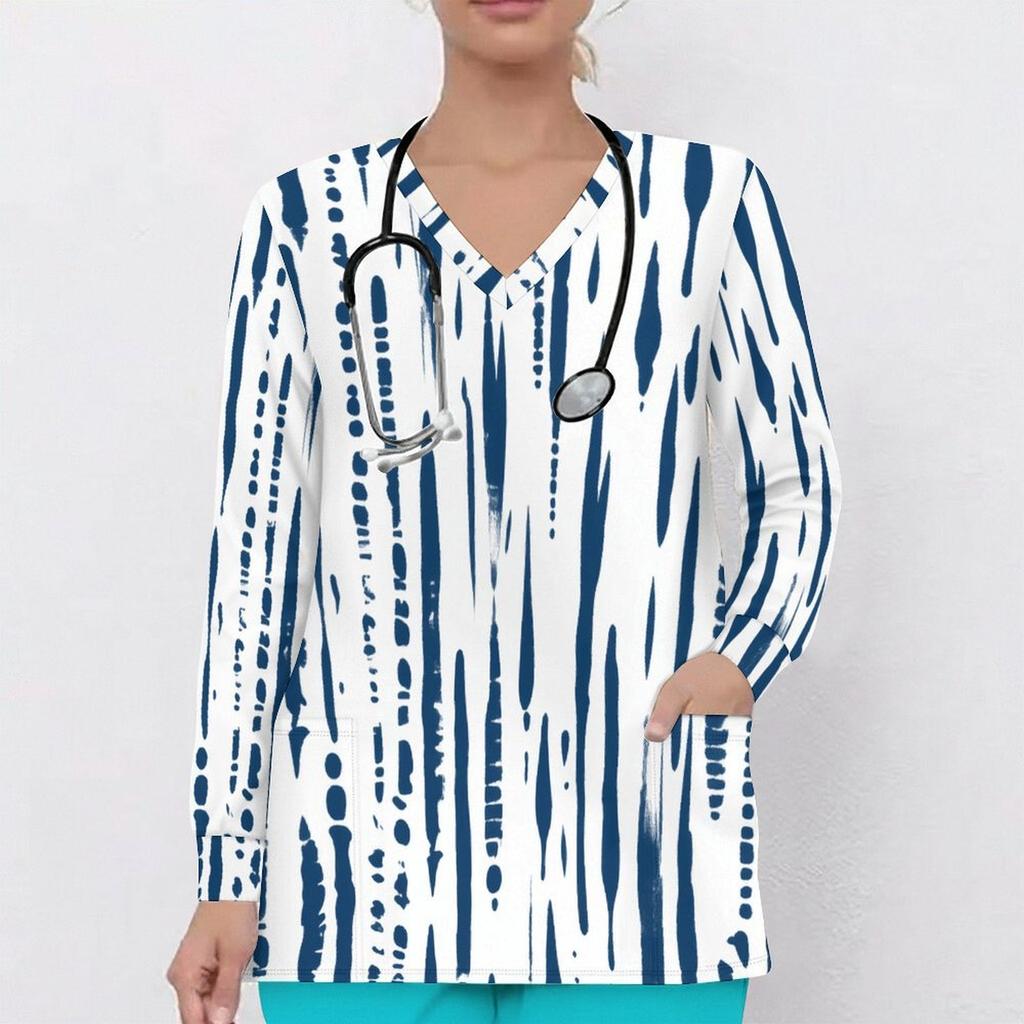 Women Plus Size V Neck Long Sleeve Printed Blue White Nurse Scrub Top With Front Pockets