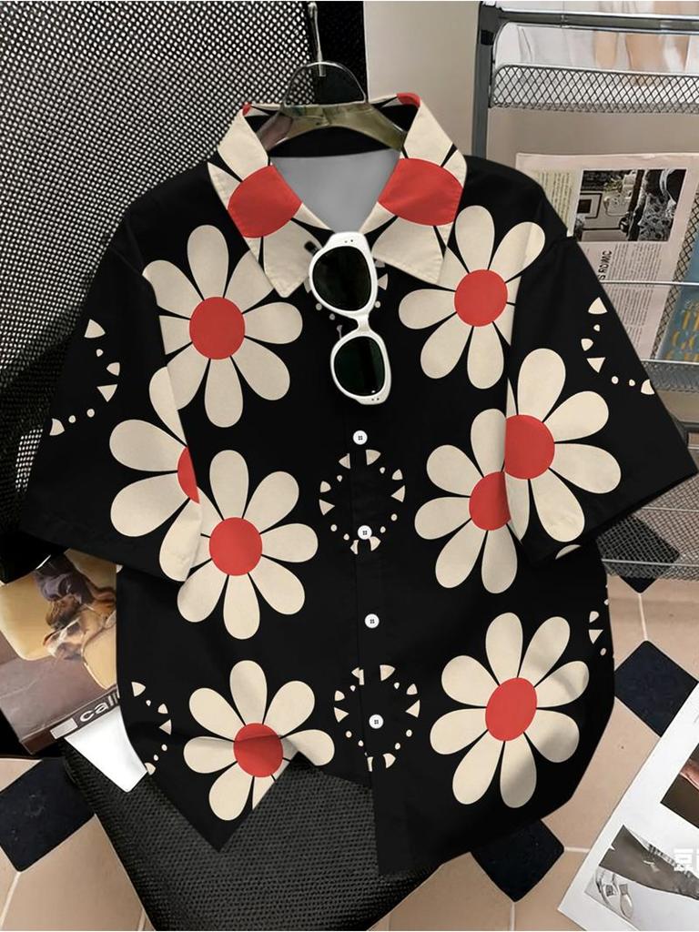 Men'S Casual Shirt, Mixed Colors, Multiple Specifications Available, Polyester Material, Daisy Pattern Short Sleeves, Beach Style, Stylish And