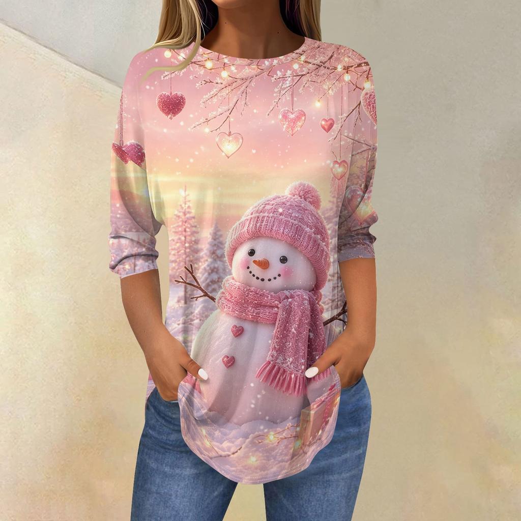 Women's Christmas Print Neck Three-Quarter Sleeve T-Shirt