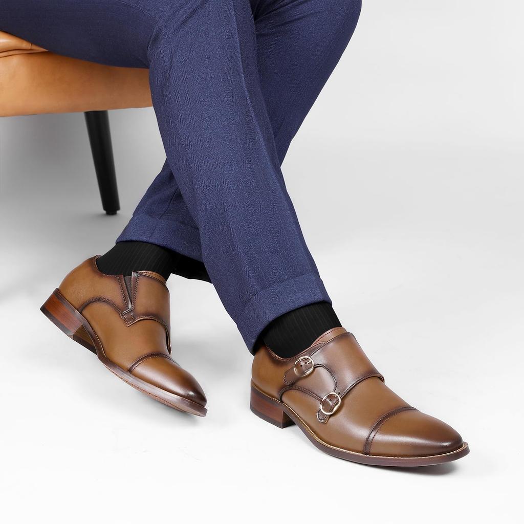[Foxsense] Men's Business Shoes, Leather Dress Shoes, Genuine Leather, Monk Strap, Straight Tip, High-Quality Gentleman's Shoes, Lightweight & Waterpr