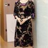Women's Plus Size Dress Gold Velvet Floral Dress Loose Retro A-Line Dress Spring Autumn