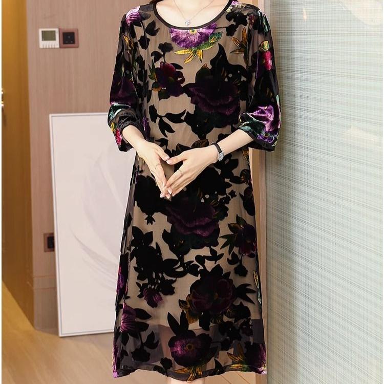 Women's Plus Size Dress Gold Velvet Floral Dress Loose Retro A-Line Dress Spring Autumn