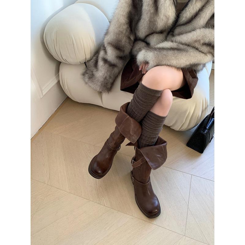 Cowhide Version~ Retro Long Boots Women's Thick Heel Belt Buckle High Black Boots Versatile Leather Pleated Trouser Tube Boots