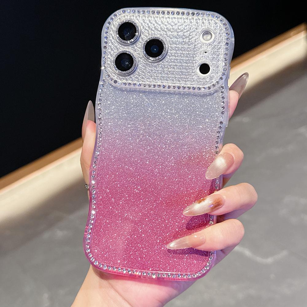KEYSION Gradient Glitter Jewelled Phone Case for iPhone 16 17 Pro Max Air 16 Plus Wavy Border Lens Protector Shockproof Cover