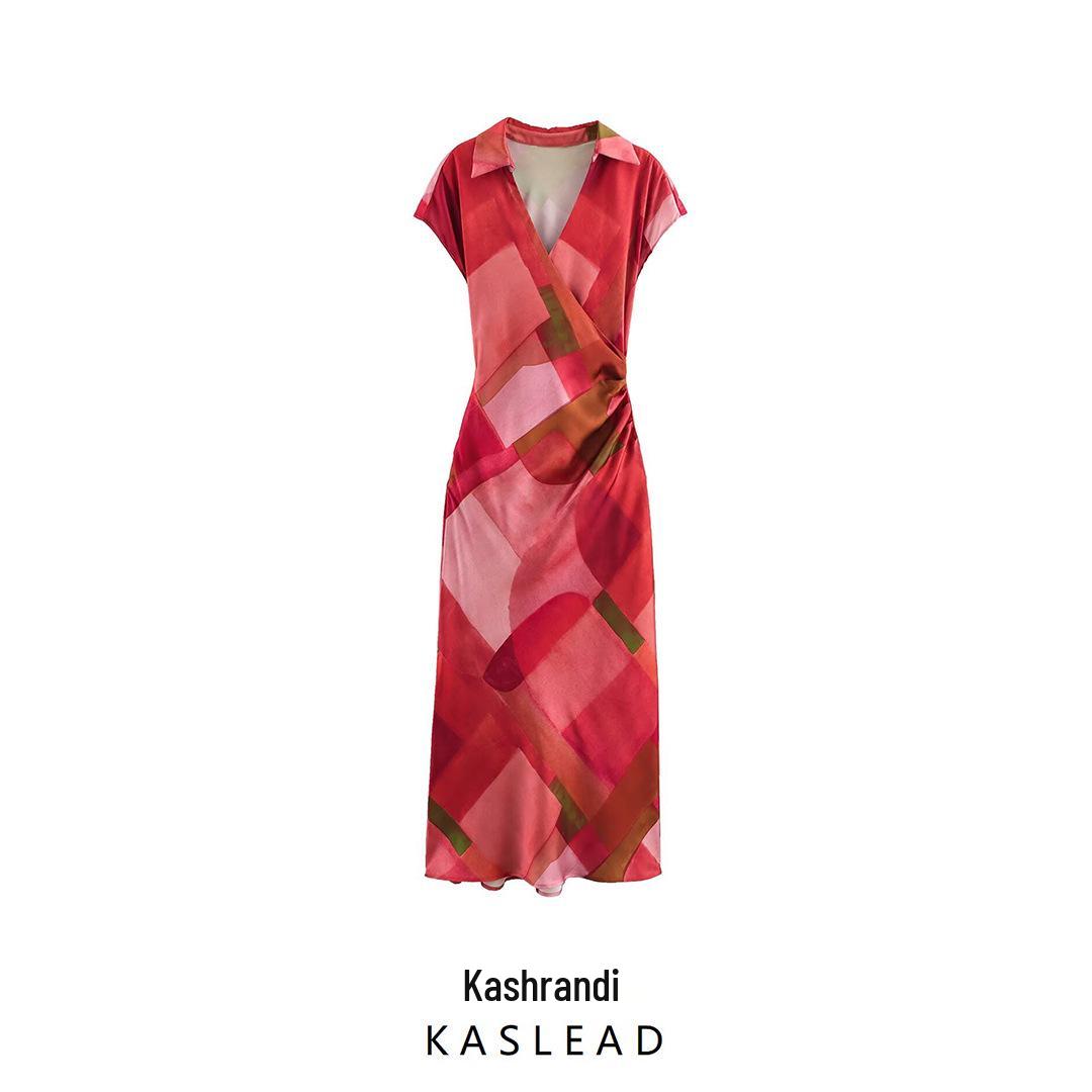 

2025 Spring Women s Geometric Print Silk Satin Dress - Euro-American Style S красный
