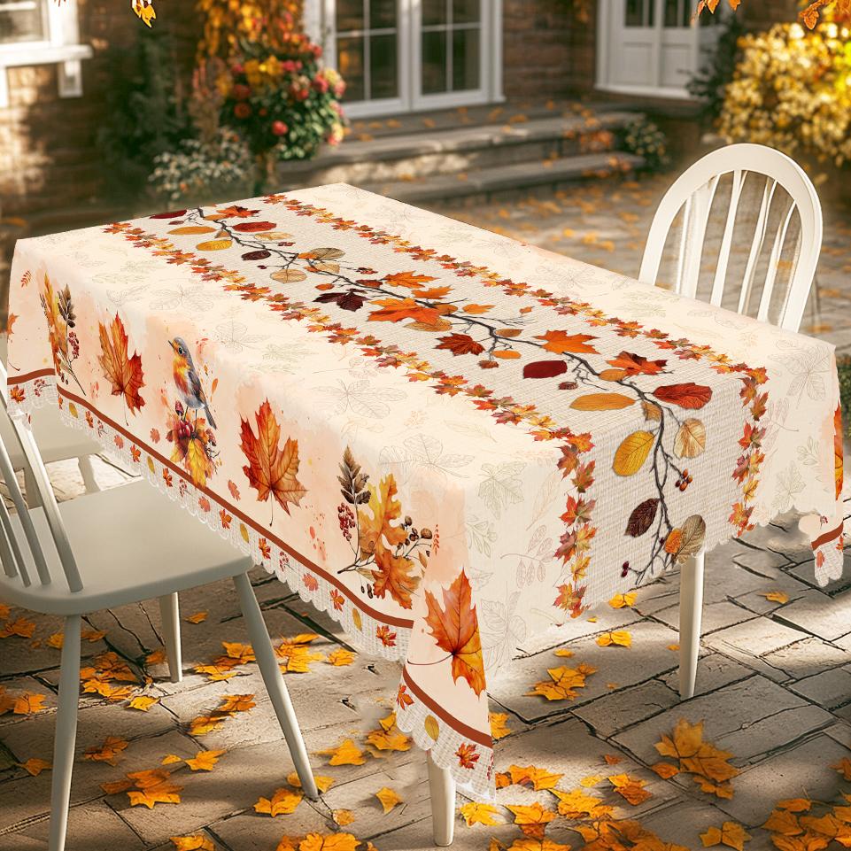 1 Piece Of Autumn Thanksgiving And Autumn Harvest Festival Themed Printed Tablecloth, Vintage Country Farmhouse Style, Maple Leaves, Bird Pattern Desi