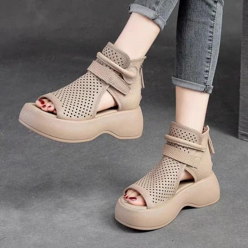 Women Summer Sandals Roman High Heels Shoe Ladies Vintage Genuine Leather Thick Bottom Sandalias  Feminino Footwear