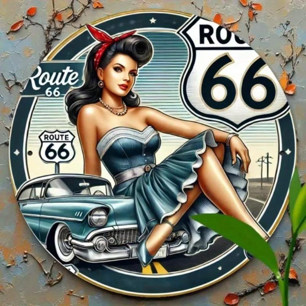 Vintage Route 66 Pin Up Girl Rustic Metal Wall Art Round Iron Sign Home Bar Decor