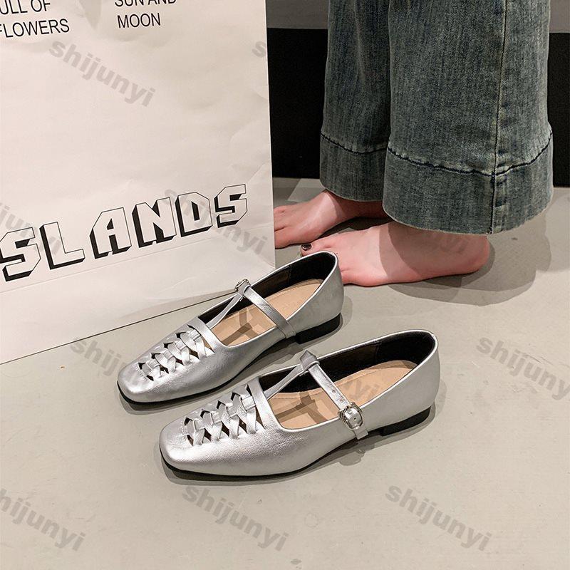 Women Shoes 2025 Summer New Hollow Weave Mary Jane Shoe Vintage Breathable Soft Sole Buckle Strap Women Square Toe Flats