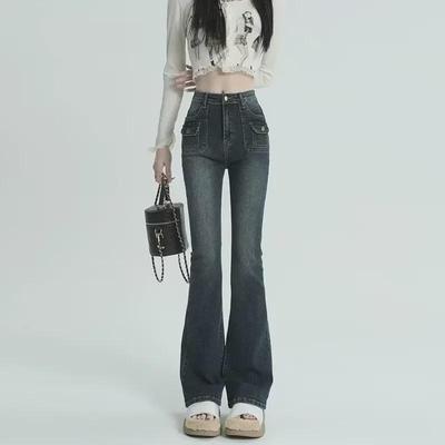Jeans Feminino Escuro de Cintura Alta Flare: Calças Lavadas Estilo Japonês para Primavera e Outono