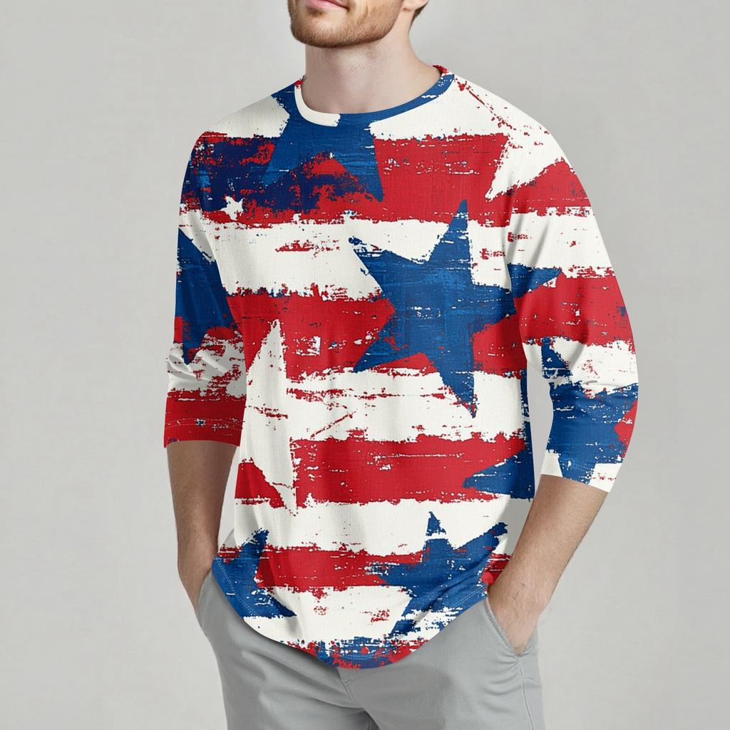 Herrenmode Lässiges T-Shirt mit Unabhängigkeitstag-Print am Hals und sieben Ärmeln