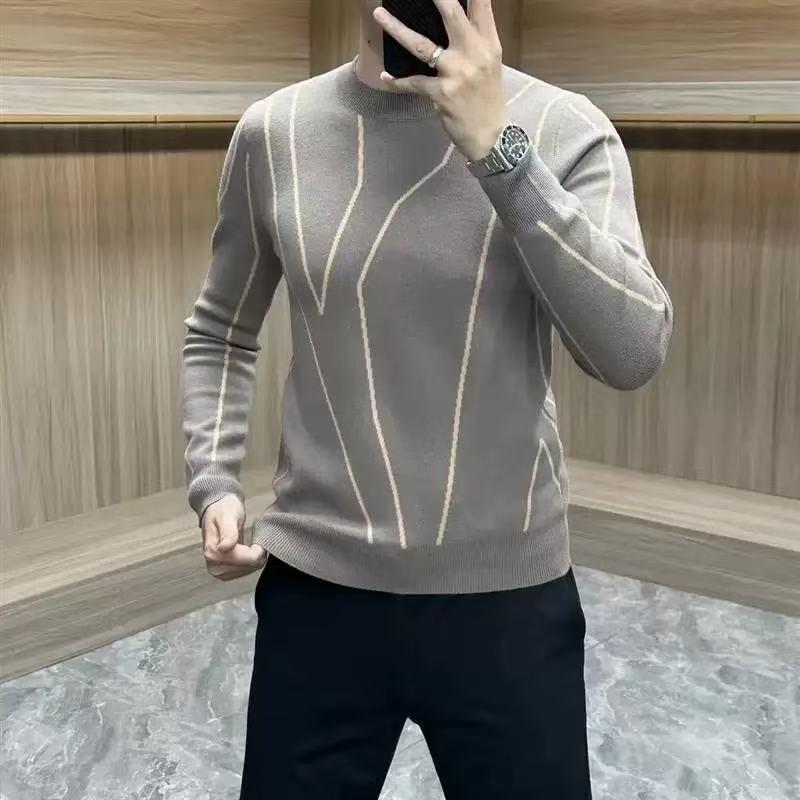 Men's Winter Jacquard Knit Sweater - Casual Round Neck, Long Sleeve, Korean Style, Light Luxury Top