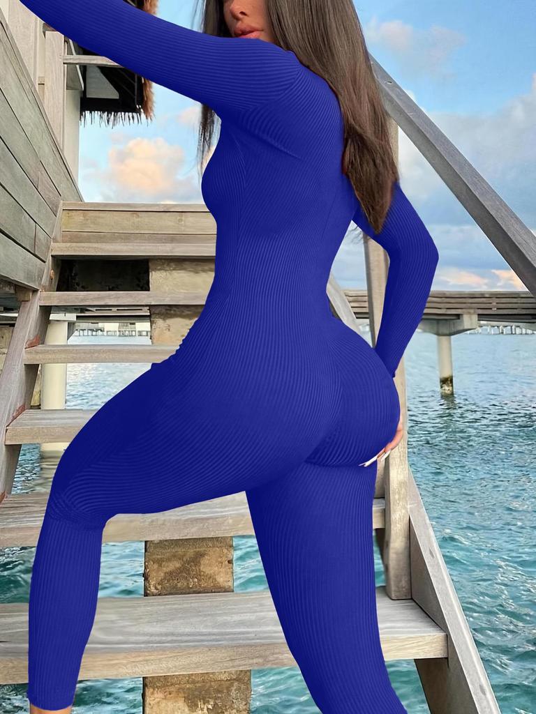 2025 Autumn Casual Ribbed Zippered Sport Jumpsuit