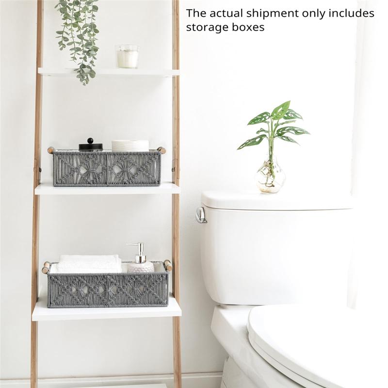 M-Modern-Boho Decor Macrame Storage Baskets Set Of 2 Handmade Woven Countertop Toilet Tank Shelf Cabinet Organizer Box Grey